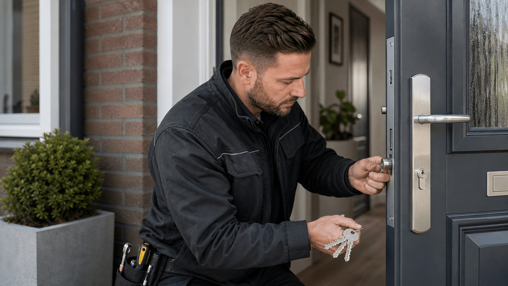 Slotenmaker plaatst veiligheidsbeslag en controleert kerntrekbeveiliging