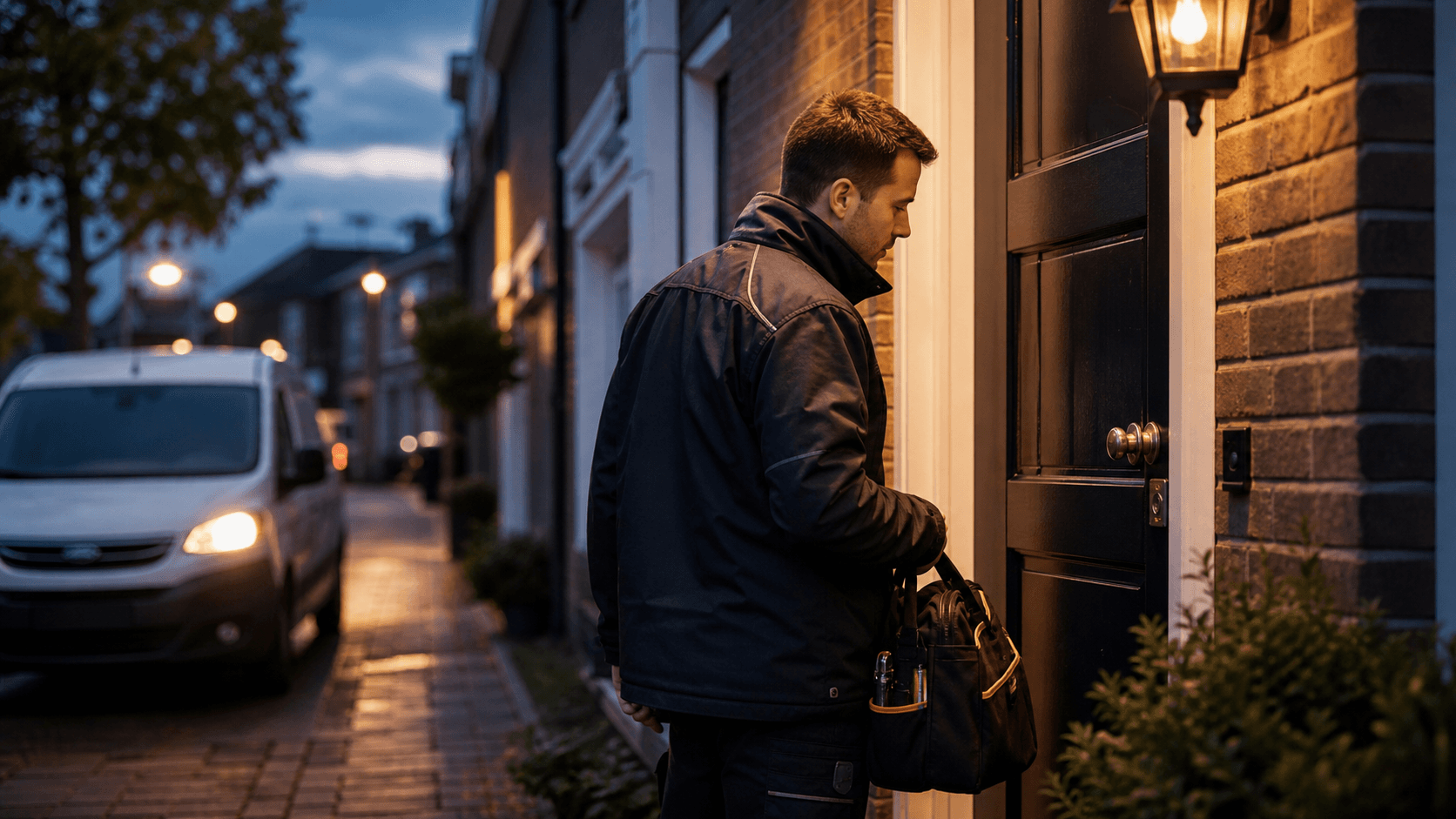 Spoed slotenmaker arriveert rustig bij een Nederlandse voordeur in de avond