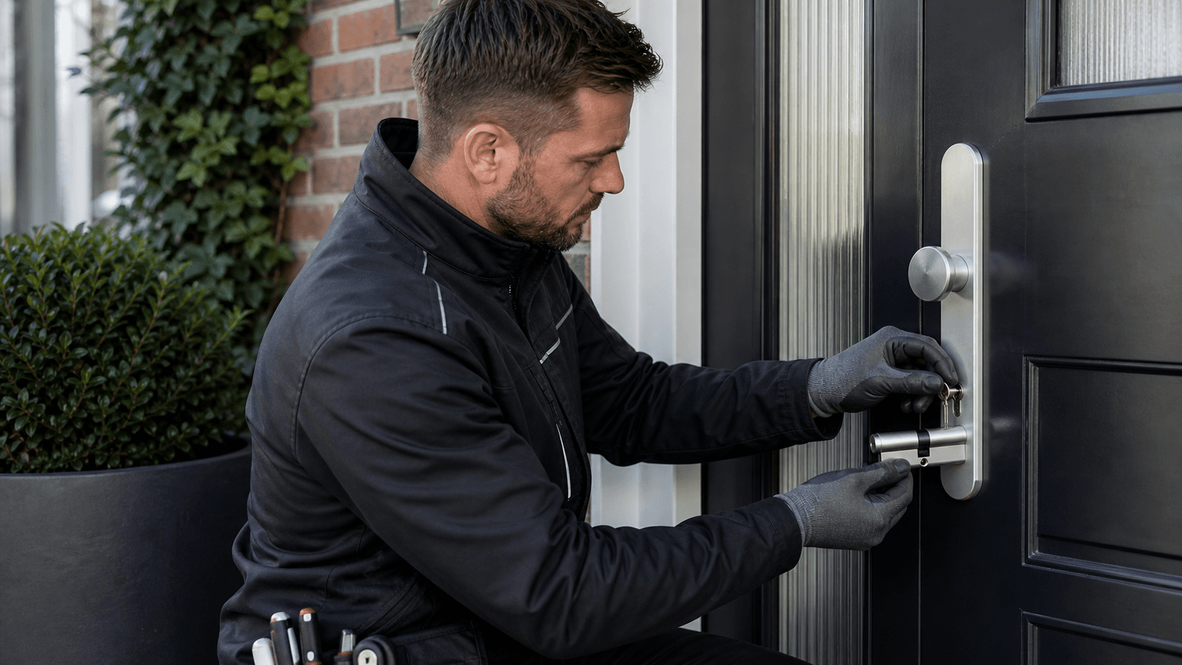 Slotenmaker opent zorgvuldig een voordeur met professioneel gereedschap